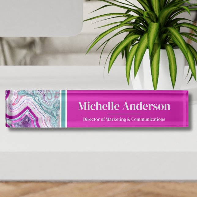 Placa De Nombre Profesional Ágata Moderna Elegante (Modern Teal Magenta Agate Desk Name Plate)