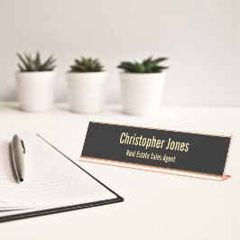 Placa De Nombre Profesional Elegante Black Faux Gold Office Título