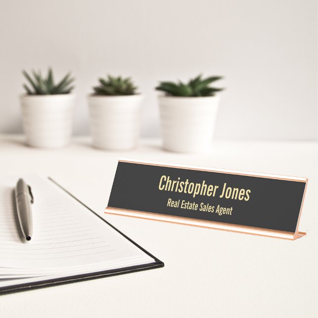 Placa De Nombre Profesional Elegante Black Faux Gold Office Título (Professional Elegant Black Faux Gold Office Title Desk Name Plate)
