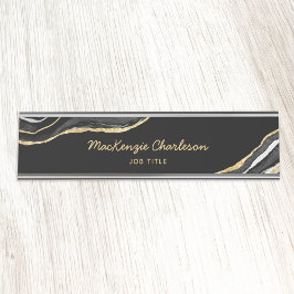 Placa De Nombre Profesional Purpurina de Black Marble Agate Gold