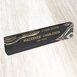 Placa De Nombre Profesional Purpurina de Black Marble Agate Gold