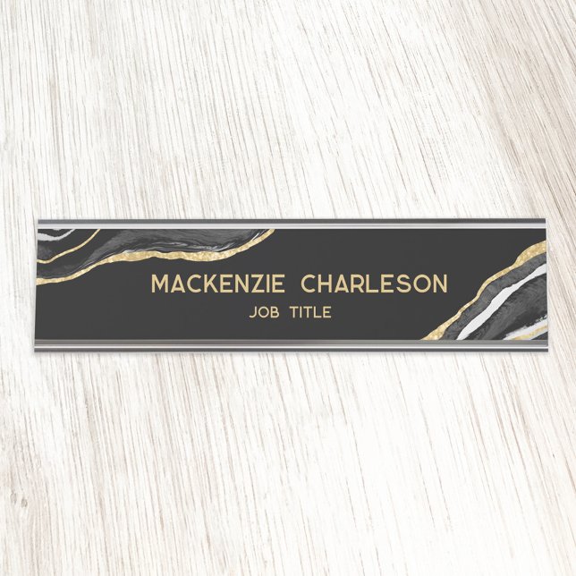 Placa De Nombre Profesional Purpurina de Black Marble Agate Gold (Black and gold agate marble watercolor personalized custom text professional name plate)