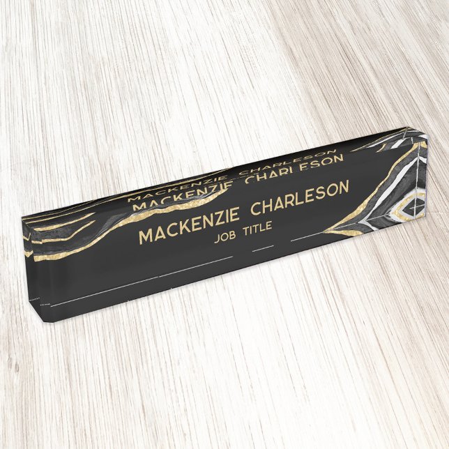 Placa De Nombre Profesional Purpurina de Black Marble Agate Gold (Black and gold marble agate watercolor desk name plate with custom text)