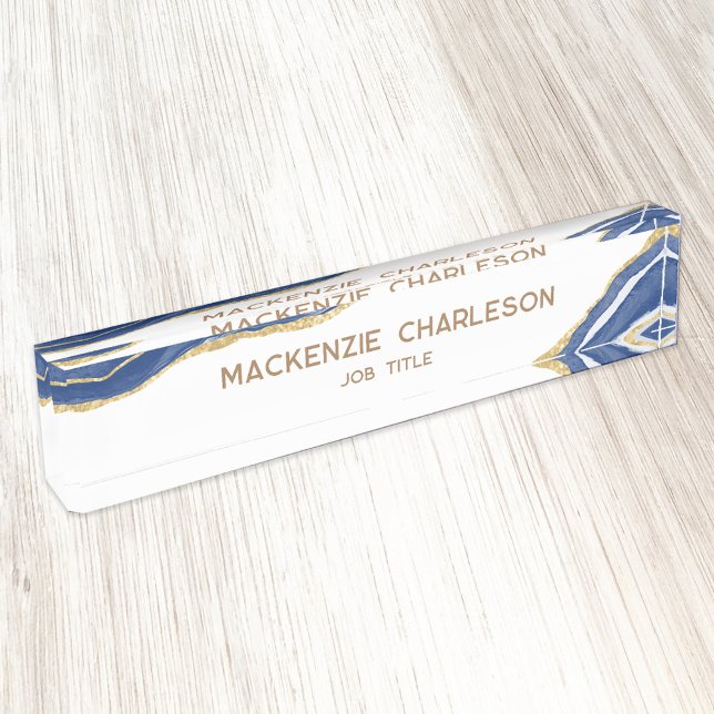 Placa De Nombre Profesional Purpurina de Blue Marble Agate Gold (Blue, gold and white personalized custom text agate marble watercolor professional desk name plate)