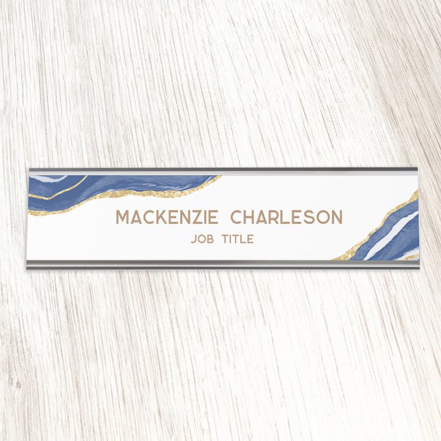 Placa De Nombre Profesional Purpurina de Blue Marble Agate Gold (Blue and white gold effect agate marble watercolor professional name plate)
