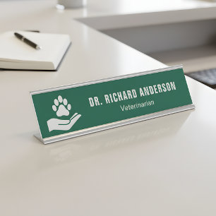 Placa De Nombre Profesional Veterinario Verde y Blanco