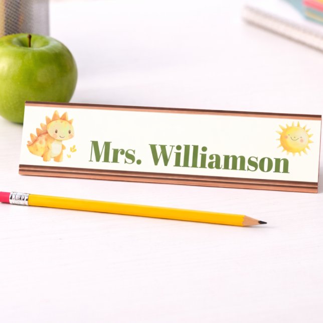 Placa De Nombre Profesor de dinosaurios Dino lindo (Cute Dinosaur Name Plate for teacher, educator or just for fun. Personalized with name. )