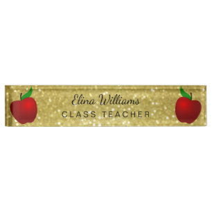 Placa De Nombre Profesor de escuela Red Apple Gold Classic Confett
