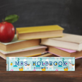 Placa De Nombre Profesor de patrón de llama azul de cute aqua