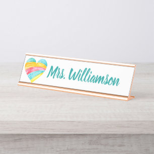 Placa De Nombre Profesor Educador Profesional Corazón Arcoiris