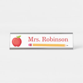 Placa De Nombre Profesor Moderno de Manzana y Lápiz
