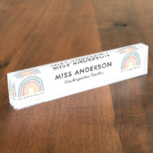 Placa De Nombre Profesora moderna de acuarela arcoíris gracias re