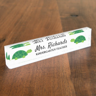 Placa De Nombre Profesora personalizada de guardería tortuga verd