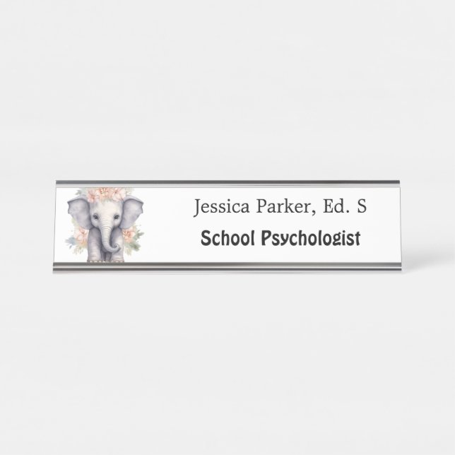 Placa De Nombre Psicólogo De La Escuela Cute Elefante Cita Terapia (Anverso)