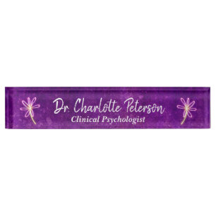 Placa De Nombre Psicólogo floral Purple Neon Daisy
