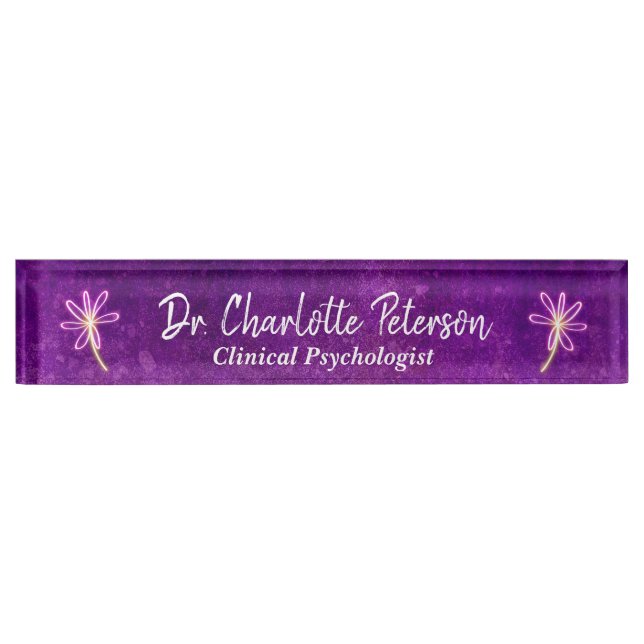 Placa De Nombre Psicólogo floral Purple Neon Daisy (Anverso)