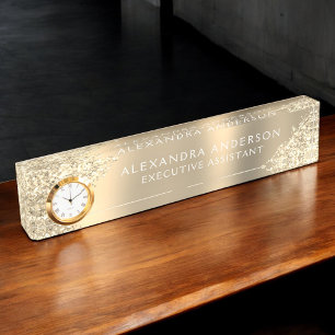Placa De Nombre Purpurina de lujo Gold Sparkle Profesional de Bell