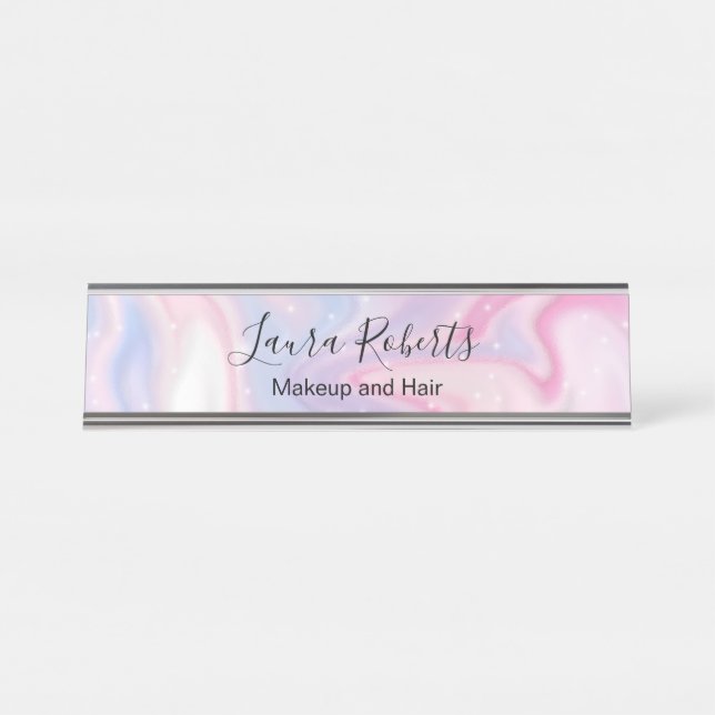 Placa De Nombre Purpurina De Mármol Estético Rosa (Anverso)