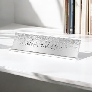 Placa De Nombre Purpurina de Monograma Plateado Sparkle Girly Scri
