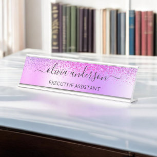 Placa De Nombre Purpurina de monograma púrpura Sparkle Girly Scrip