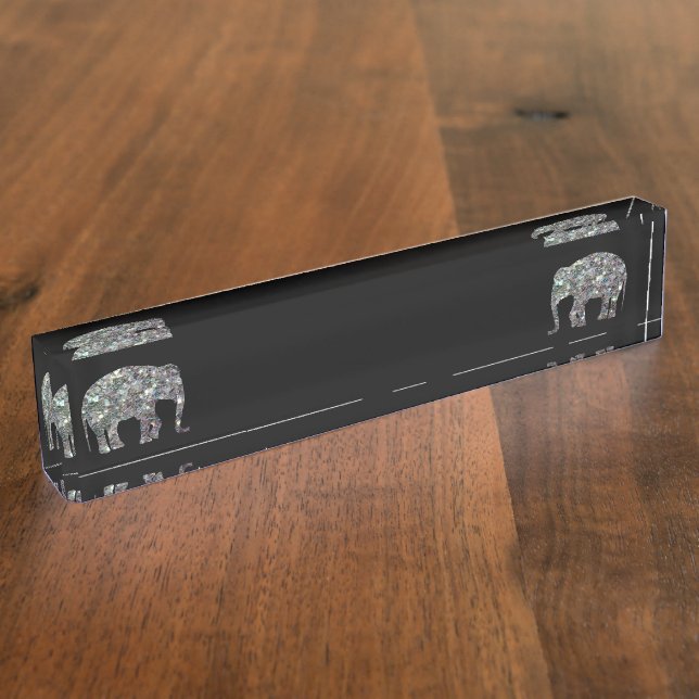 Placa De Nombre Purpurina de mosaico de plata espumoso Elefante ne (Lateral)