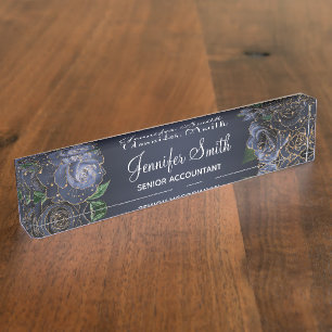 Placa De Nombre Purpurina de oro y Rosas de la Marina Blue Glam