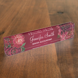Placa De Nombre Purpurina de oro y Rosas del Glam Rojo