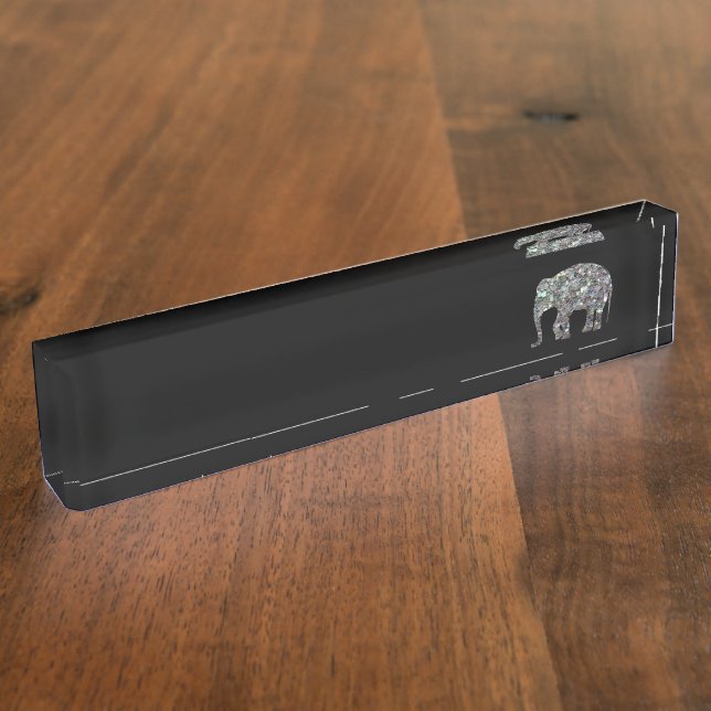 Placa De Nombre Purpurina elefante de mosaico de plata espárrago (Lateral)