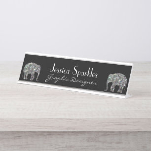 Placa De Nombre Purpurina elefante de mosaico de plata espárrago