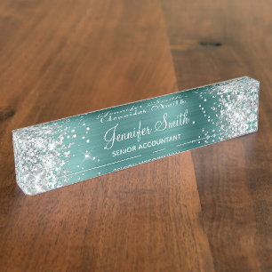 Placa De Nombre Purpurina Girly Silver Relieve metalizado Faux Aqu