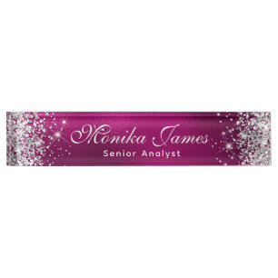 Placa De Nombre Purpurina Girly Silver Relieve metalizado rosado c