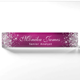 Placa De Nombre Purpurina Girly Silver Relieve metalizado rosado c