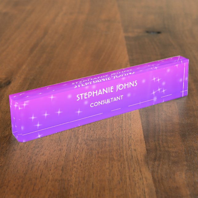 Placa De Nombre Purpurina Monograma Púrpura Rosa Ombre Moderno (Lateral)