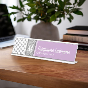 Placa De Nombre Purpurina Plata Polka Dot Monograma puede cambiar