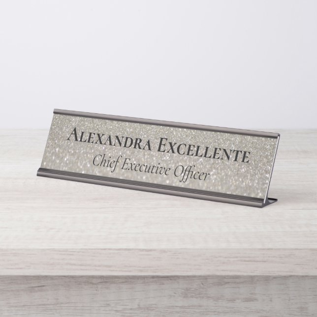 Placa De Nombre Purpurina plateado Personalizado elegante de moda (Anverso)