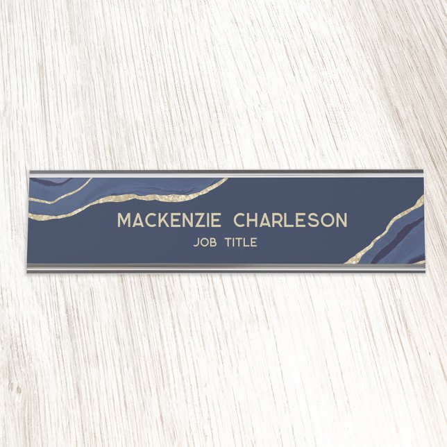 Placa De Nombre Purpurina profesional de la Marina Blue Marble Aga (Navy blue agate marble gold professional elegant business name plate)