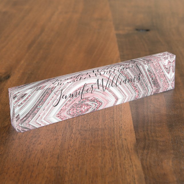 Placa De Nombre Purpurina Rosa Oro Mármol Rosa Con Un Estilo Muy E (Lateral)