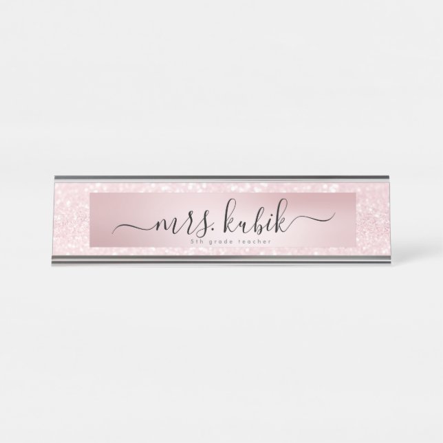 Placa De Nombre Purpurina rosa Rosa Oro Teacher Escritorio Nombre  (Anverso)