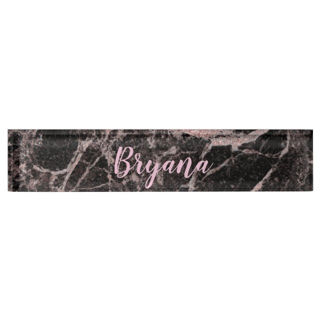 Placa De Nombre Purpurina rosado negro y Rosa Marble Glam trendy (Anverso)