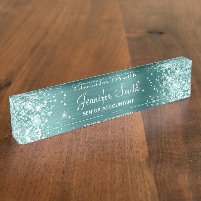 Placa De Nombre Purpurina verde de espuma marina Relieve metalizad (Lateral)
