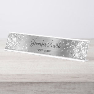Placa De Nombre Purpurina y Relieve metalizado Girly Silver