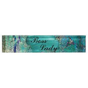 Placa De Nombre Purpurinoso Aqua Paint sorprende al Jefe Lady