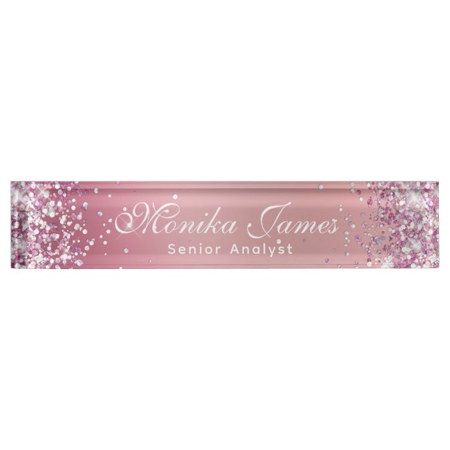 Placa De Nombre Purpurinoso Girly Holographic Rosa Personalizado d (Anverso)