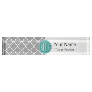 Placa De Nombre Quatrefoil gris con el monograma de encargo de la