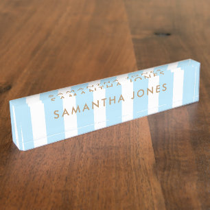 Placa De Nombre rayas azules blancas Gold Classic personalizadas