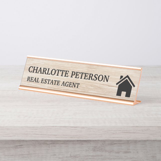 Placa De Nombre Real Estate Agent Rustic Wood Background (Anverso)
