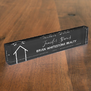 Placa De Nombre Real Estate Moderno Personalizado Blanco Negro Rea