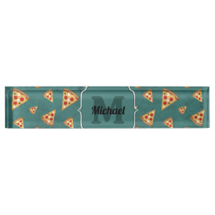 Placa De Nombre Rebanadas de pizza geniales patrón vintage azul ve