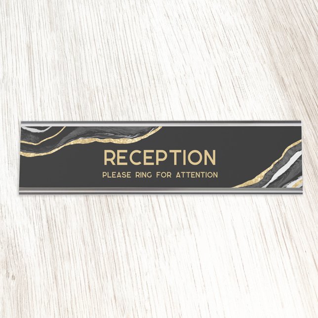 Placa De Nombre Recepción de Purpurina de oro de Black Marble Agat (Black and faux gold agate marble custom text hotel or business reception desk name plate)