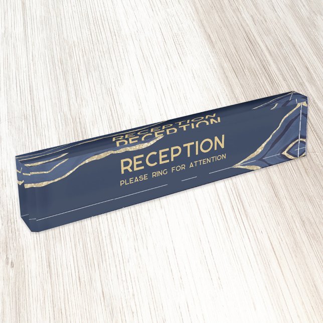 Placa De Nombre Recepción de Purpurina de oro de la Marina Blue Ma (Navy blue marble agate gold glitter Reception Ring for Attention custom text business desk plate)